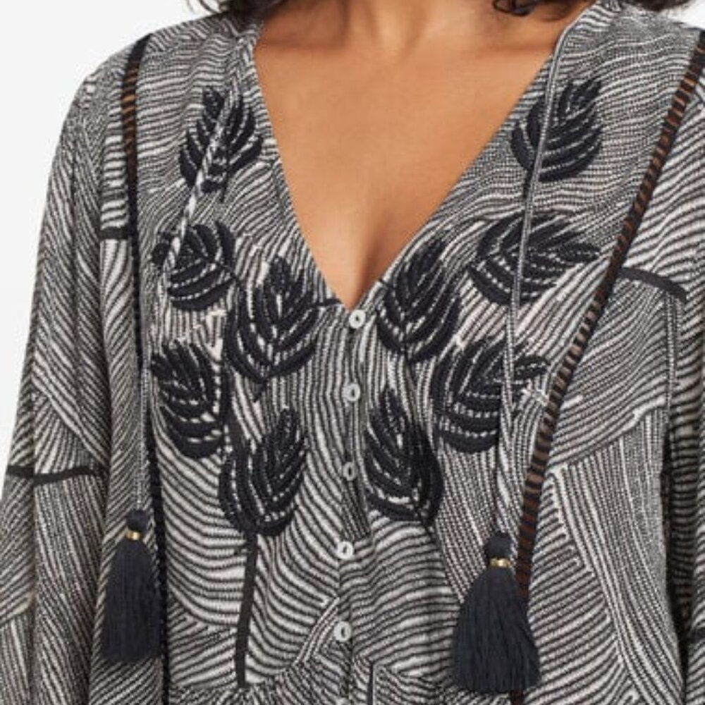 Embroidered, Gold thread, tassels, long sleeve, eyelet top, stretchy Sz  S